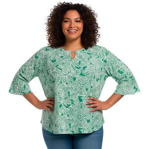 Plus Size Notations 3/4 Ruffle Sleeve Keyhole Neck Paisley Blouse
