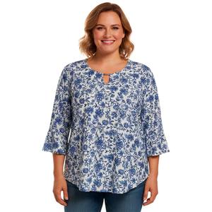 Plus Size Notations 3/4 Ruffle Sleeve Keyhole Neck Floral Blouse