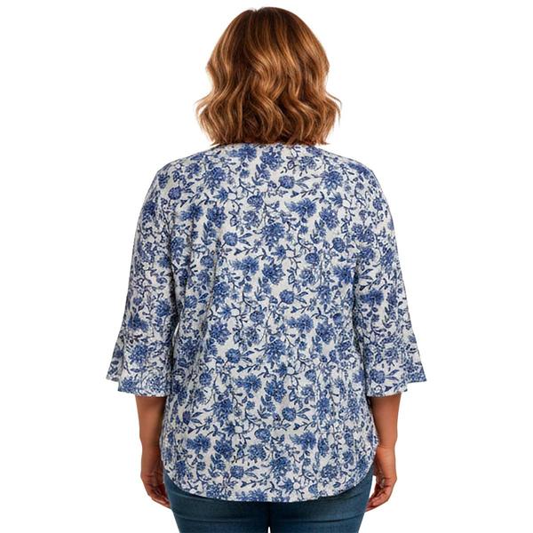 Plus Size Notations 3/4 Ruffle Sleeve Keyhole Neck Floral Blouse alternate view