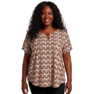Plus Size Notations Short Sleeve Feather Bar Keyhole Blouse