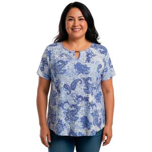 Plus Size Notations Short Sleeve Paisley Bar Keyhole Neck Blouse