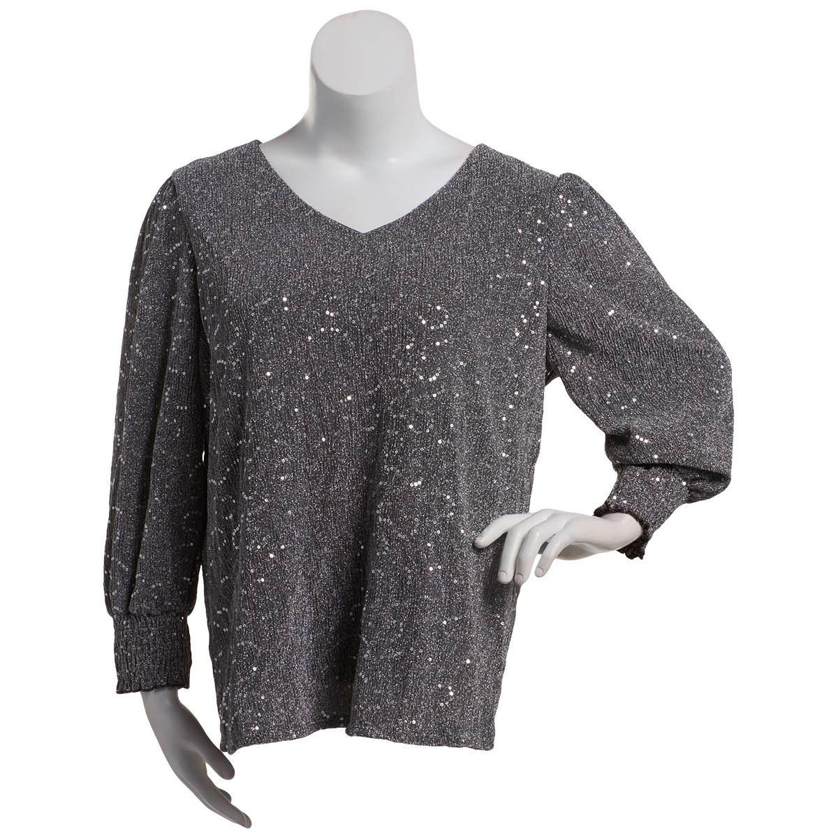 Plus Size Notation Long Sleeve Metallic V-Neck Blouse