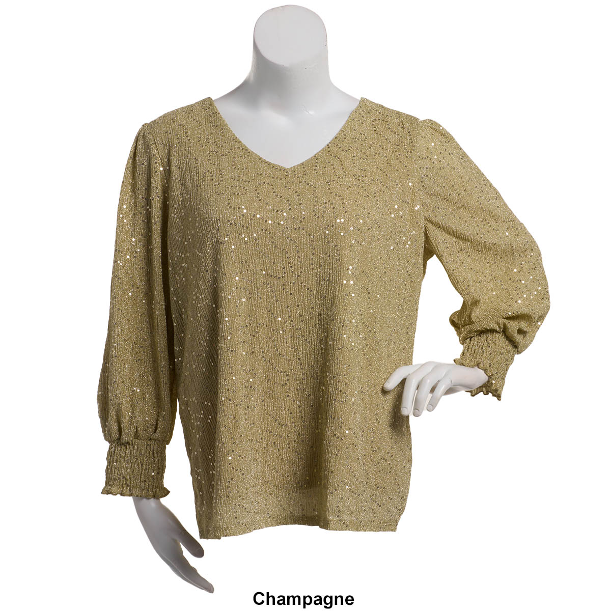 Plus Size Notation Long Sleeve Metallic V-Neck Blouse