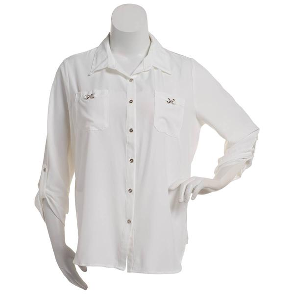 Plus Size Notations 3/4 Sleeve Solid Button Front Blouse