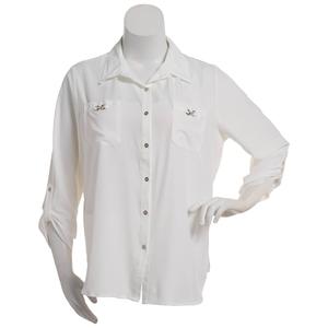 Plus Size Notations 3/4 Sleeve Solid Button Front Blouse alternate view