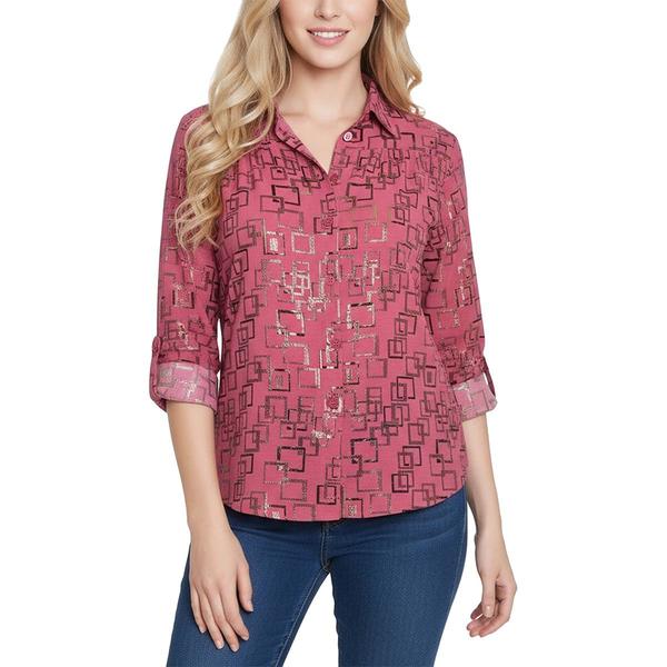 Womens NY Collection Elbow Sleeve Foil Geo Casual Button Down alternate view