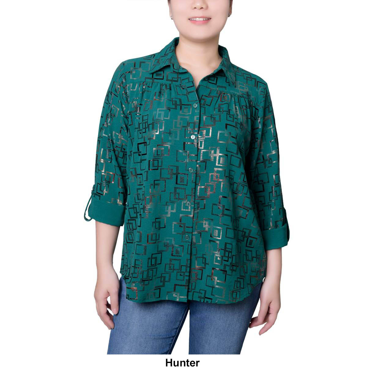 Plus Size NY Collection Foil Airflow Casual Button Down