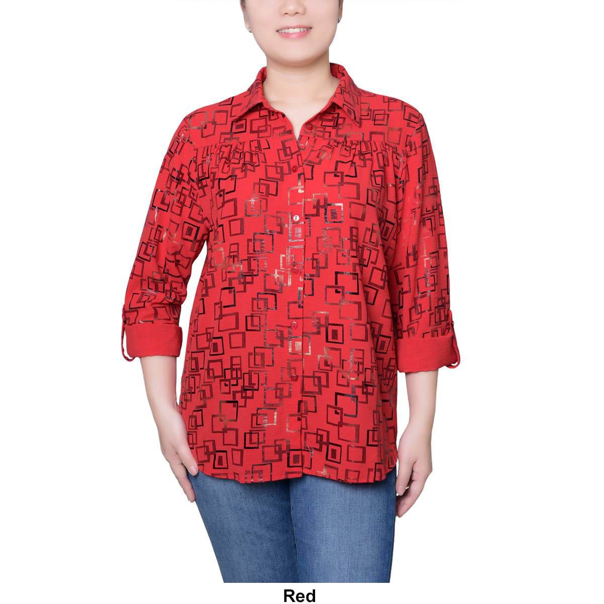 Plus Size NY Collection Foil Airflow Casual Button Down