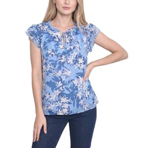 Womens NY Collection Layered Cap Sleeve Tie Neck Floral Blouse