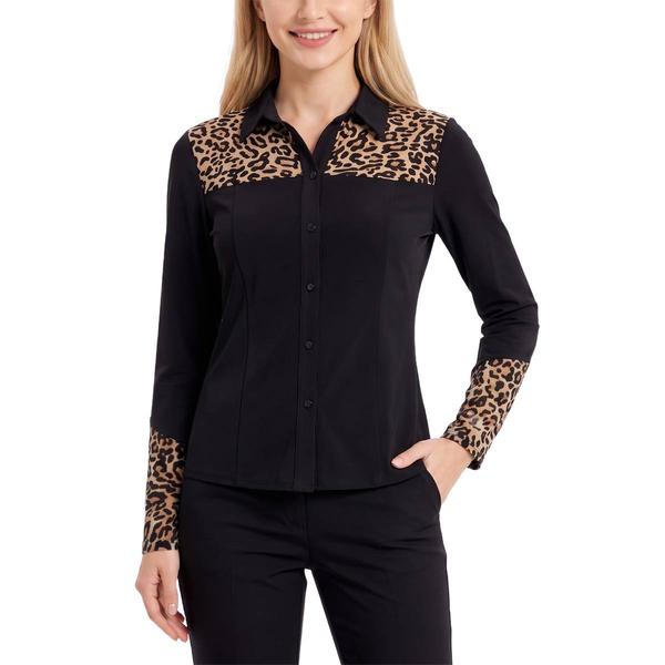 Womens NY Collection Long Sleeve Leopard Button Front Blouse