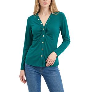 Womens NY Collection Long Sleeve Snap Front V Neck Blouse
