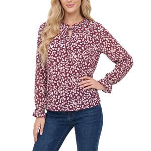 Womens NY Collection Long Sleeve Tie Neck Abstract Dot Blouse