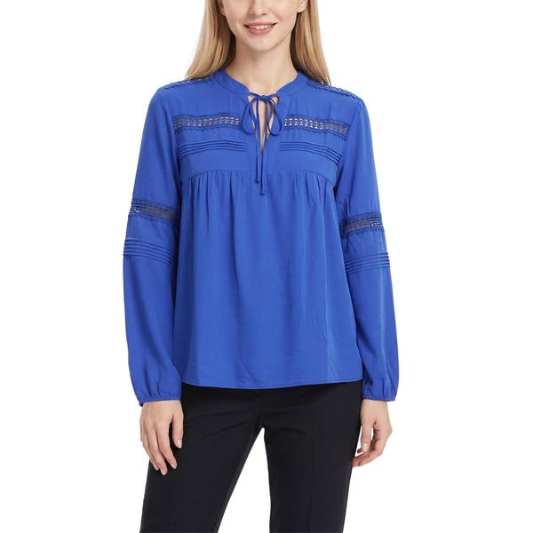 Womens NY Collection Long Sleeve Tie Neck Lace Inset Blouse