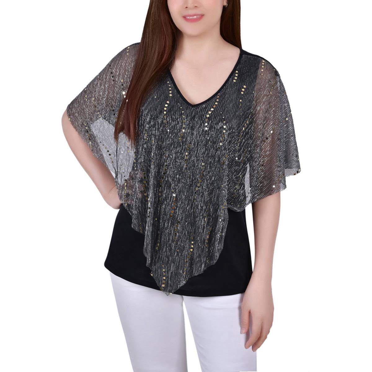 Womens NY Collection Sequin Mesh Lined Poncho