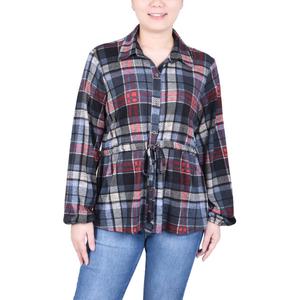 Womens NY Collection Collared Plaid Tie Waist Button Front Blouse