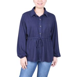 Womens NY Collection Collared Solid Tie Waist Button Front Blouse