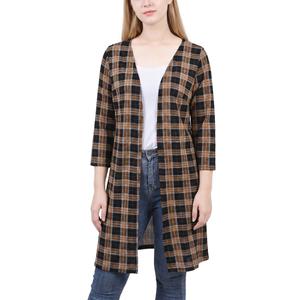 Womens NY Collection 3/4 Sleeve Plaid Hacci Cardigan