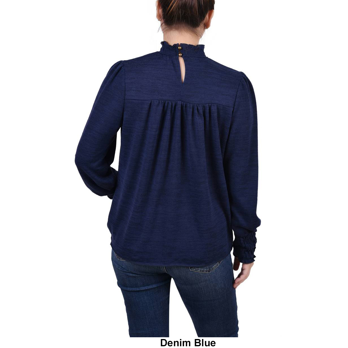 Womens NY Collection Long Sleeve Ruffle Neck Solid Pleat Blouse