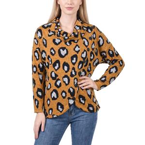 Womens NY Collection Long Sleeve Cowl Neck Leopard Hacci Blouse