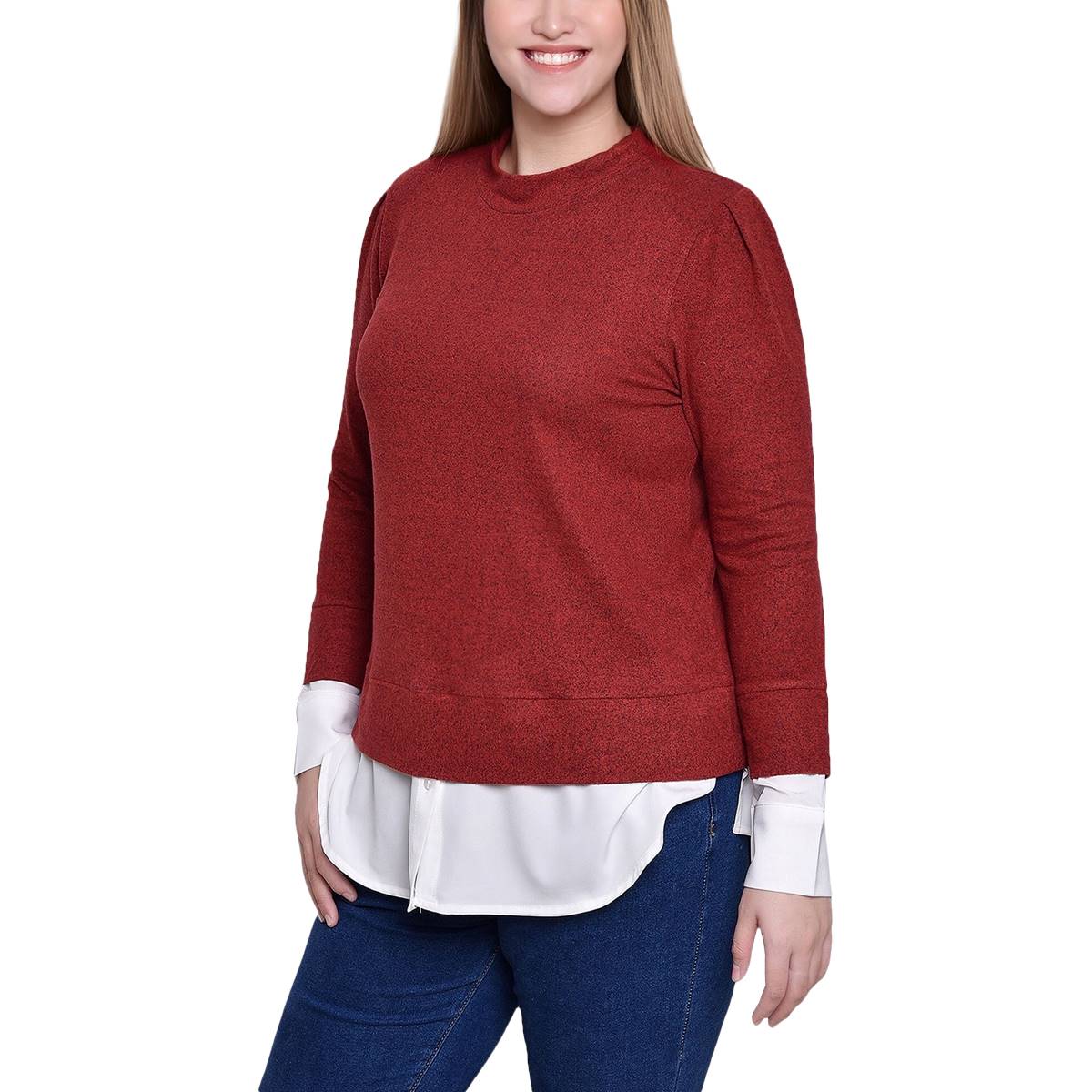 Womens NY Collection Long Sleeve Solid Crew Two In One Top