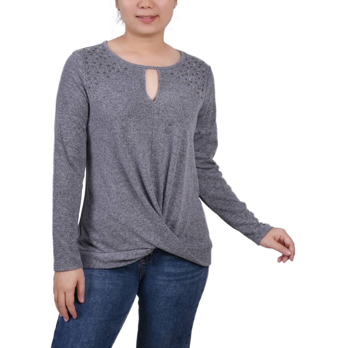 Womens NY Collection Long Sleeve Twist Front Keyhole Tee