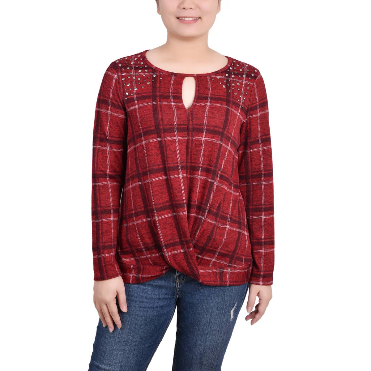 Womens NY Collection Long Sleeve Keyhole Blouse - Plaid