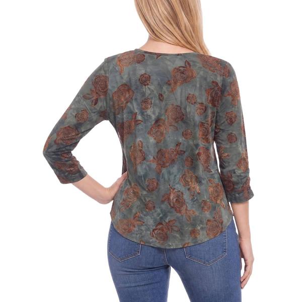 Womens NY Collection 3/4 Ruch Sleeve Brown Floral Blouse alternate view