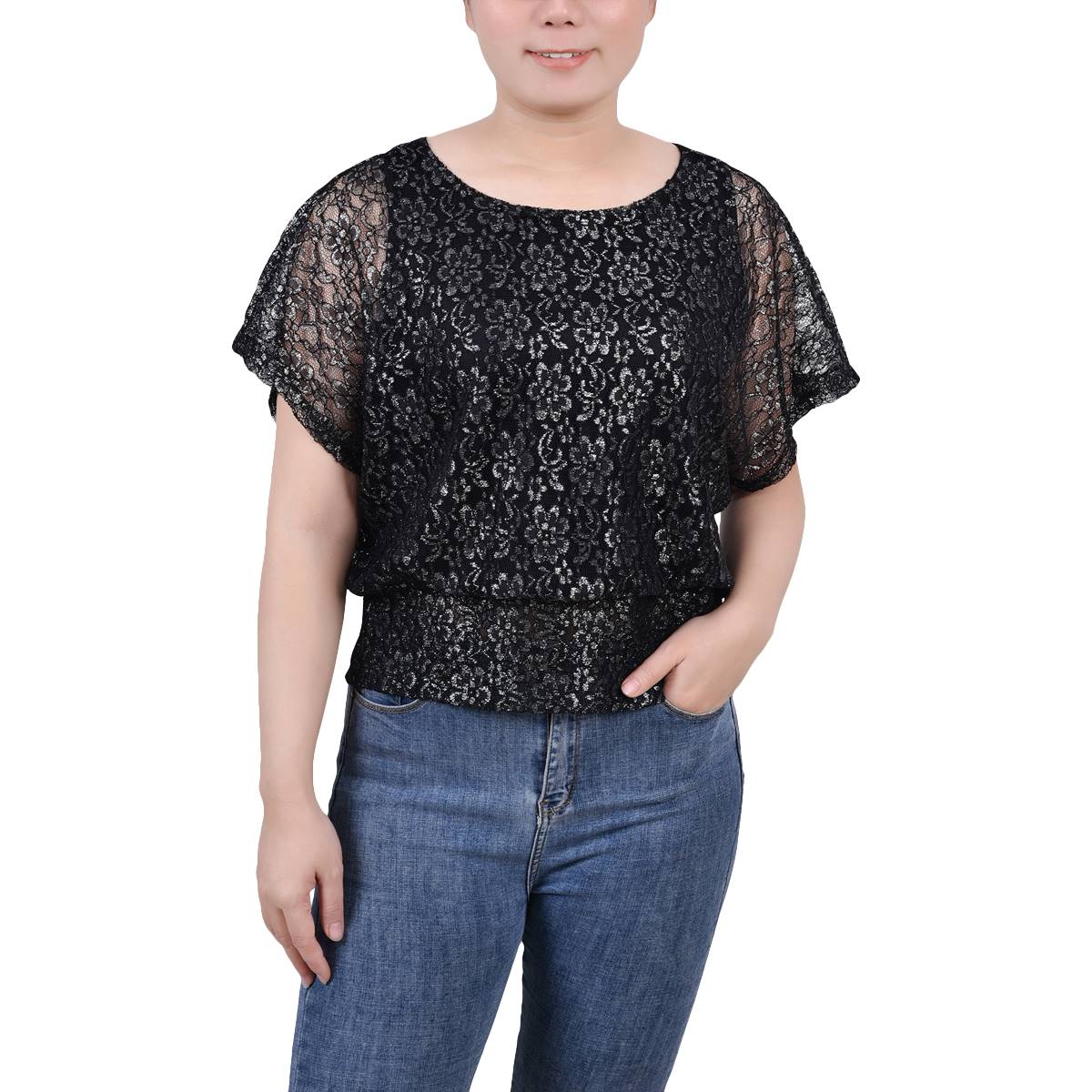 Womens NY Collection Lace With Foil Lined Blouse