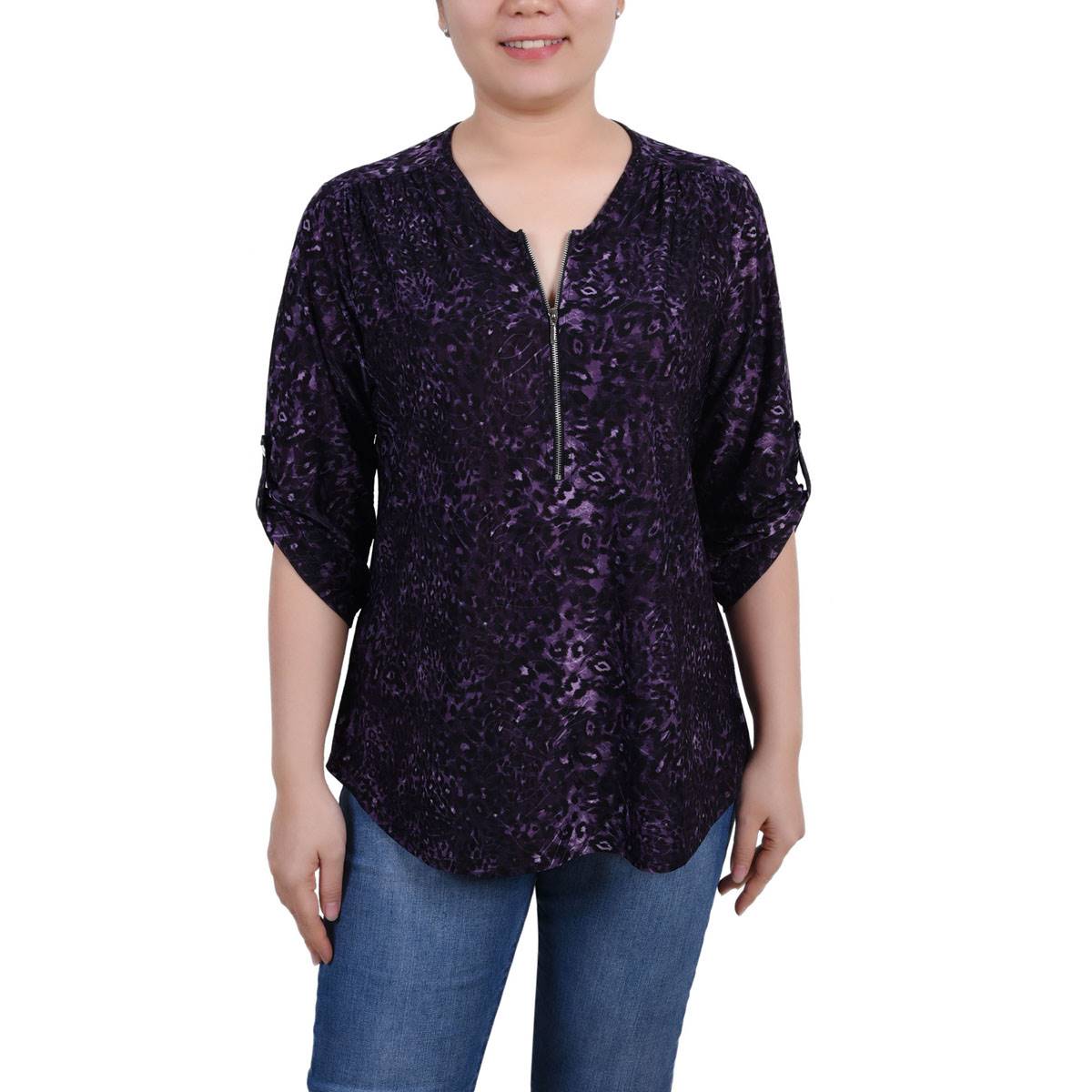 Plus Size NY Collection 3/4 Roll Sleeve Cheetah 1/4 Zip Blouse