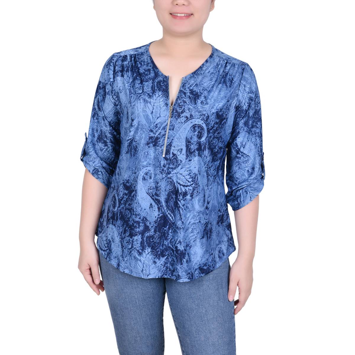 Womens NY Collection 3/4 Roll Sleeve Paisley Jacquard Blouse-NAVY