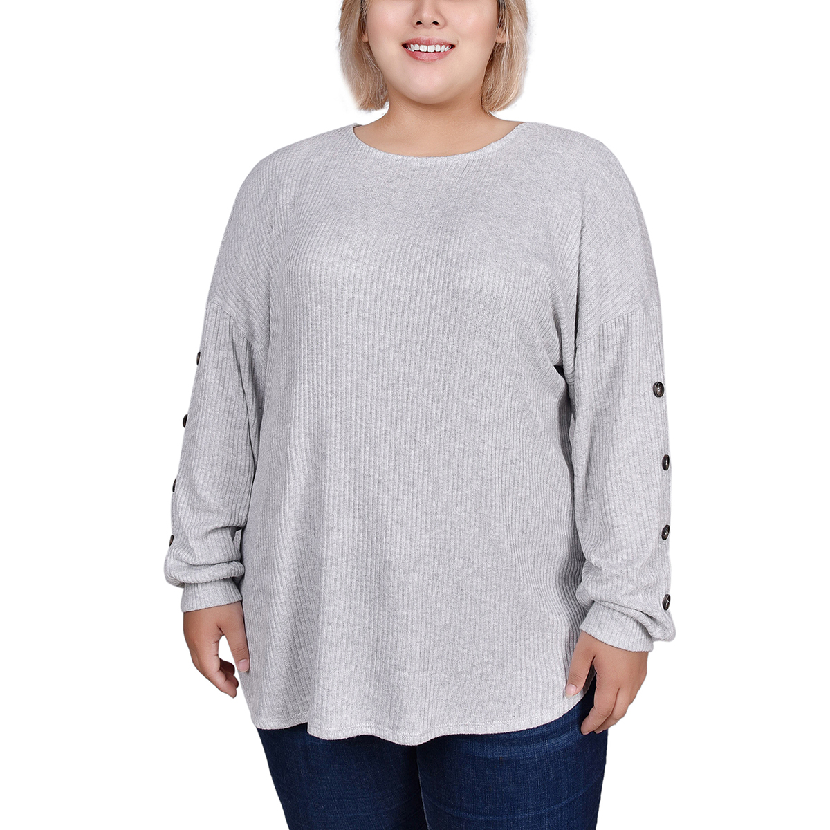 Womens NY Collection Long Button Sleeve Pullover Tee