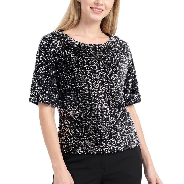 Womens NY Collection Elbow Sleeve Allover Sequin Blouse
