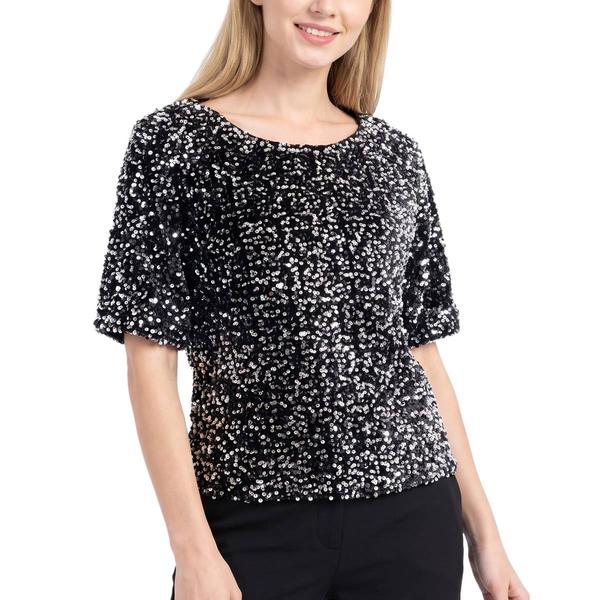 Womens NY Collection Elbow Sleeve Allover Sequin Blouse alternate view