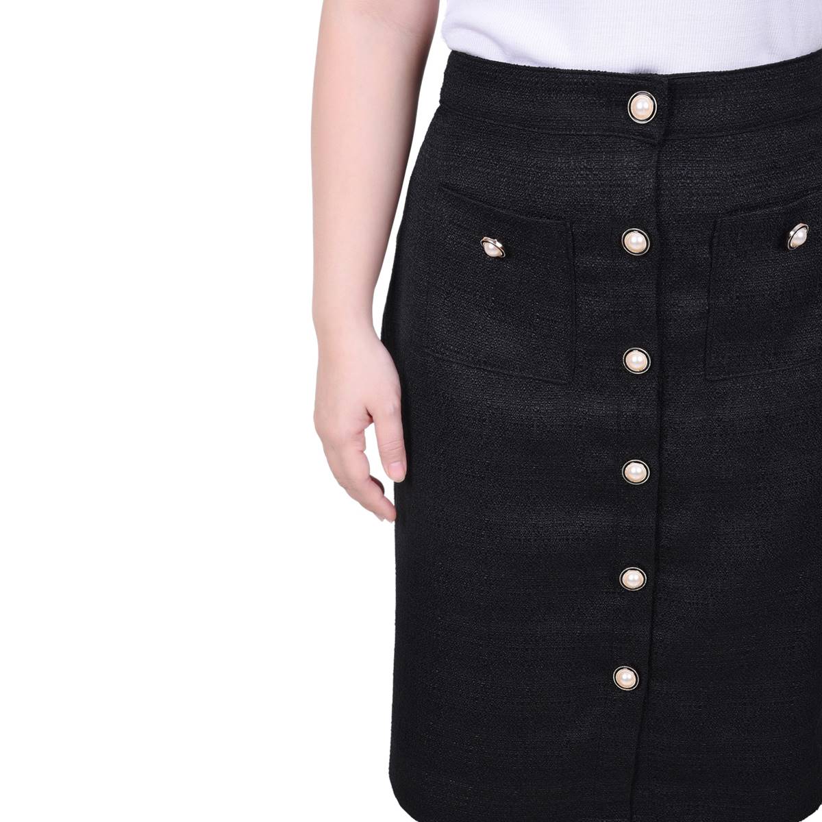 Womens NY Collection Tweed Pull On Skirt With Pearl Button