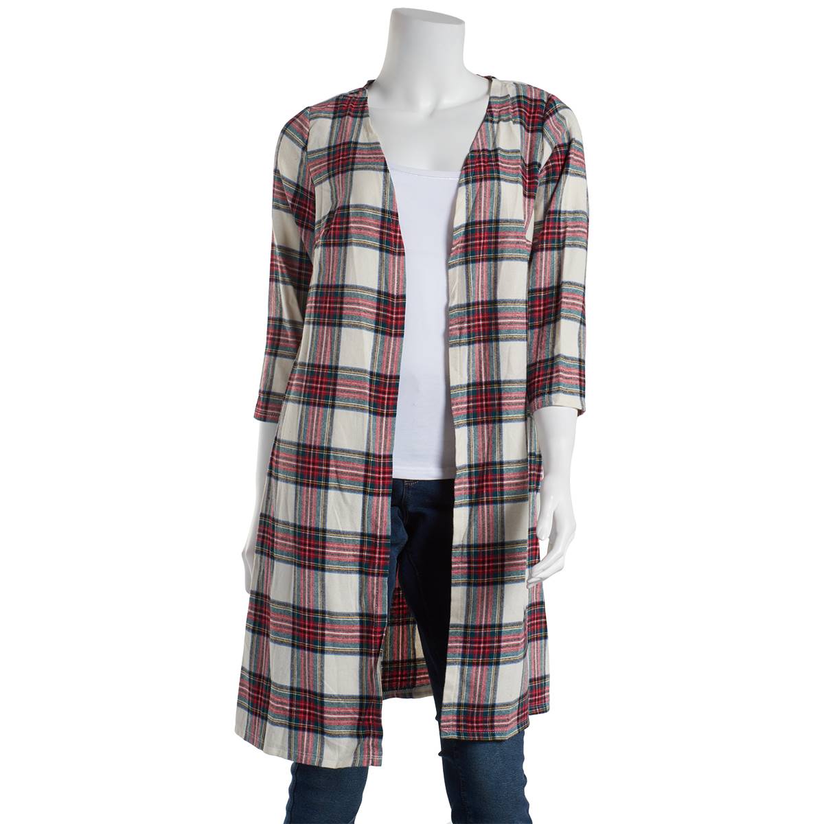 Womens NY Collection 3/4 Sleeve Plaid Brushed Flannel Cardigan