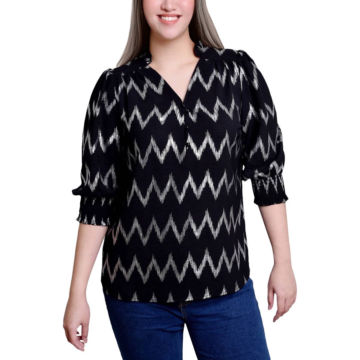 Plus Size NY Collection Elbow Sleeve Chevron Foil Henley Blouse