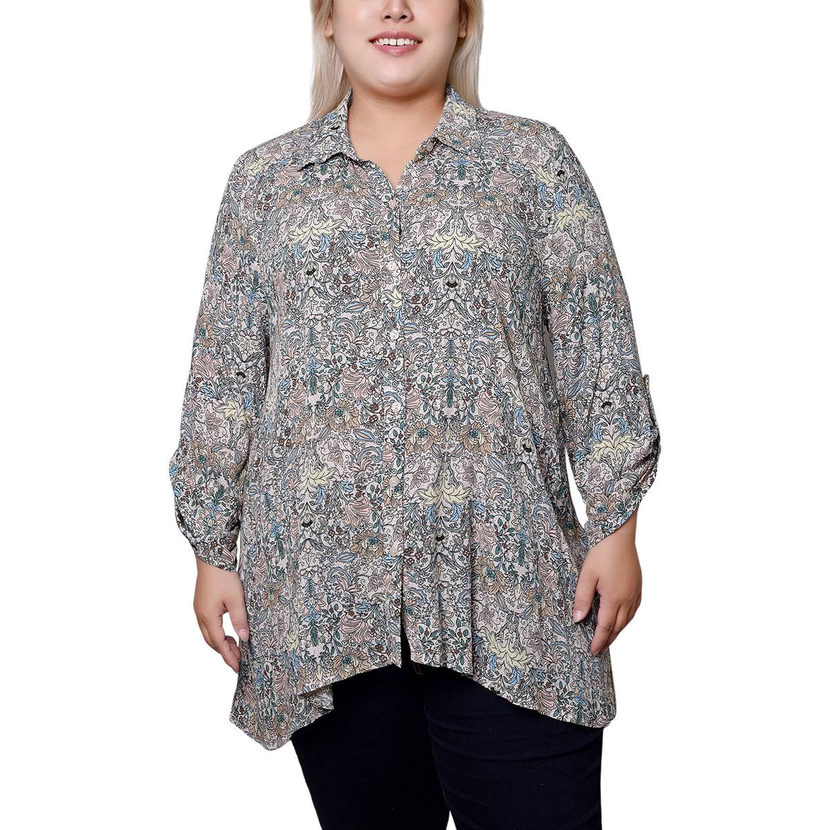 Plus Size NY Collection 3/4 Sleeve Floral High-Low Tunic Blouse