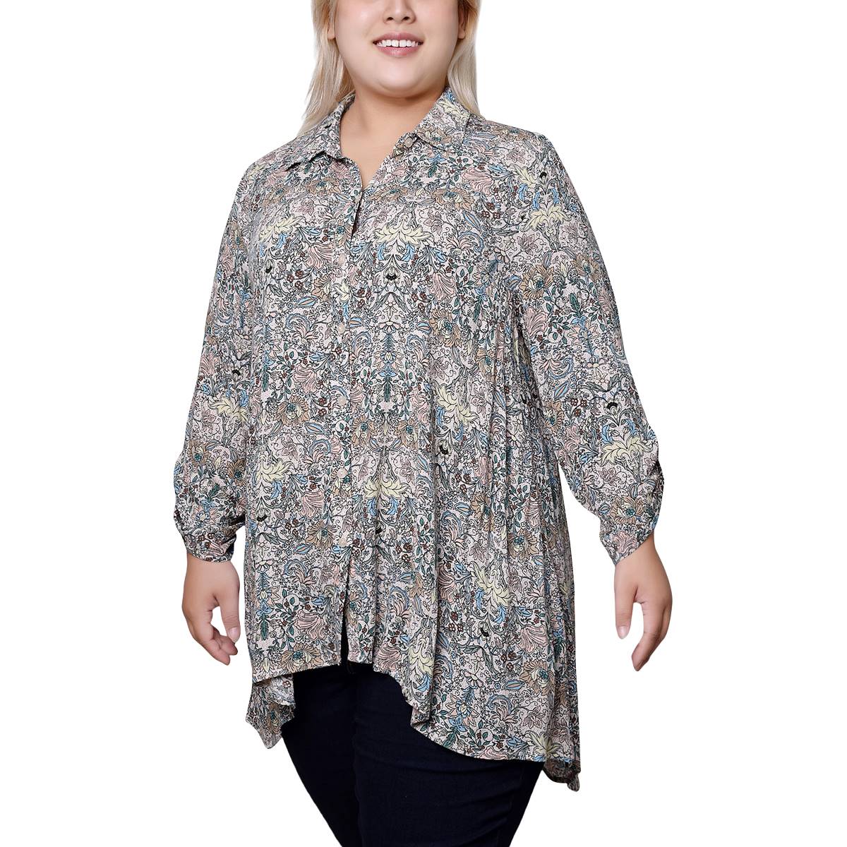 Plus Size NY Collection 3/4 Sleeve Floral High-Low Tunic Blouse