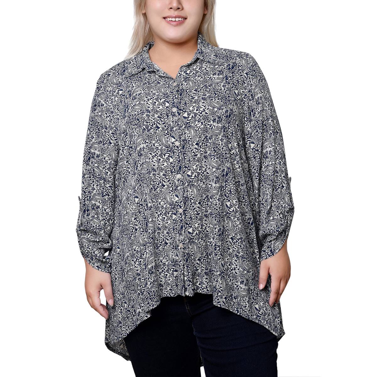 Plus Size NY Collection 3/4 Sleeve Paisley High-Low Tunic Blouse