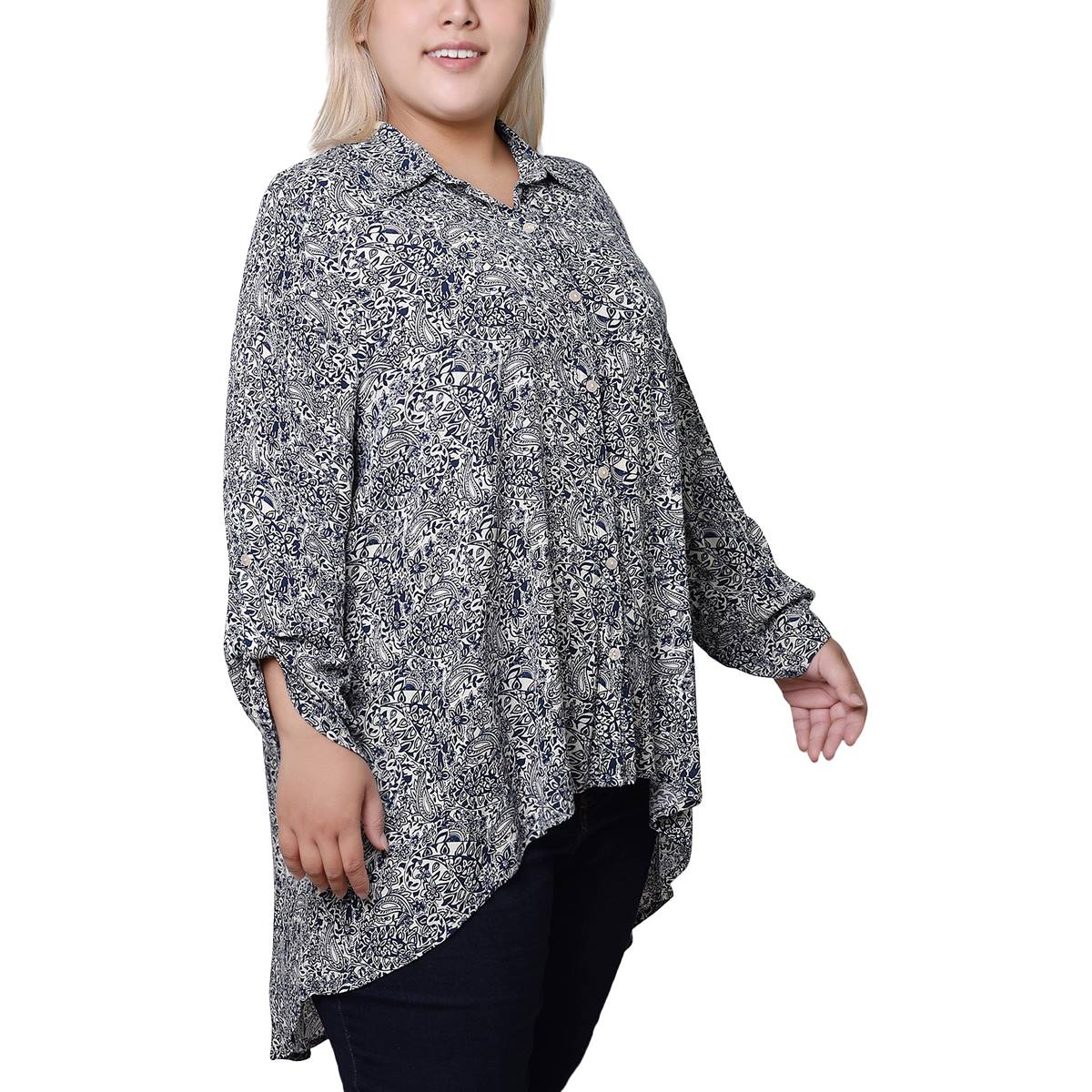 Plus Size NY Collection 3/4 Sleeve Paisley High-Low Tunic Blouse