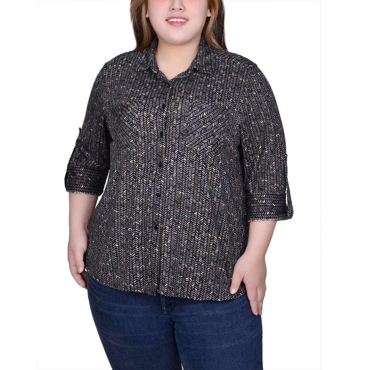 Plus Size NY Collection Herringbone Pocket Casual Button Down