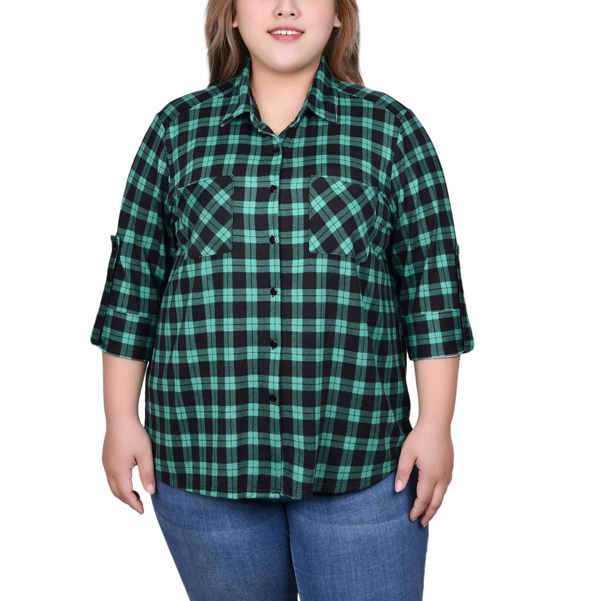 Plus Size NY Collection Patch Pocket Check Casual Button Down