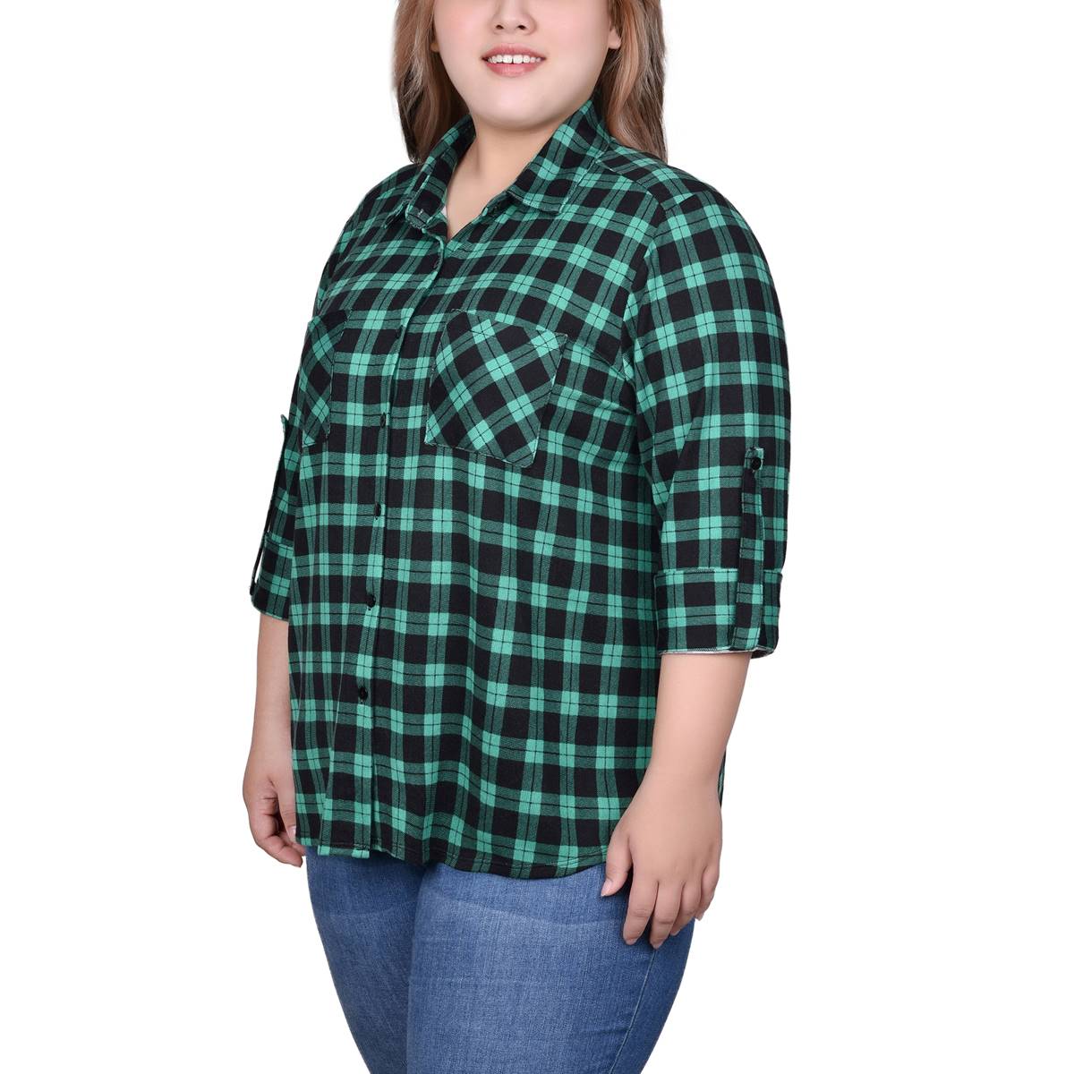 Plus Size NY Collection Patch Pocket Check Casual Button Down