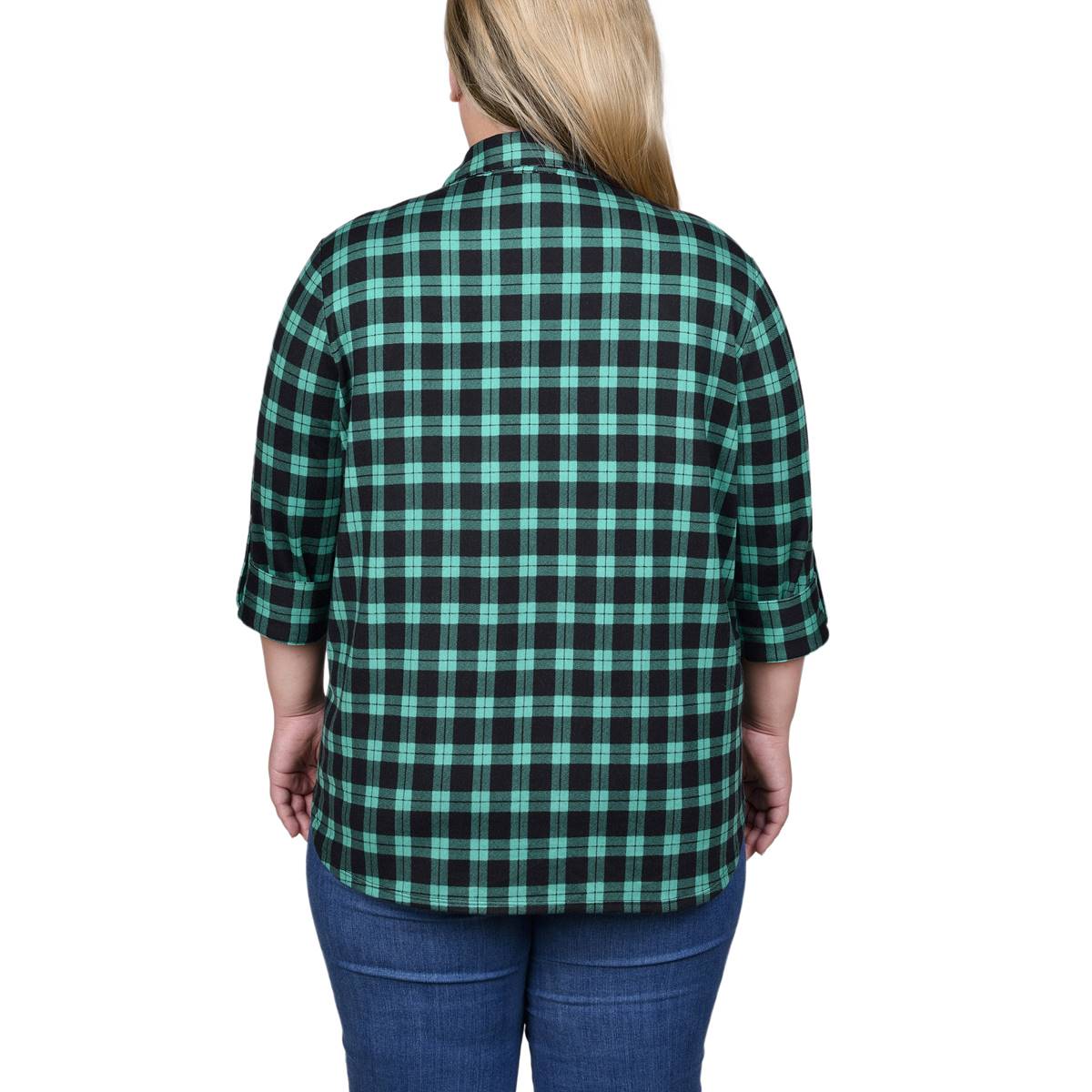 Plus Size NY Collection Patch Pocket Check Casual Button Down