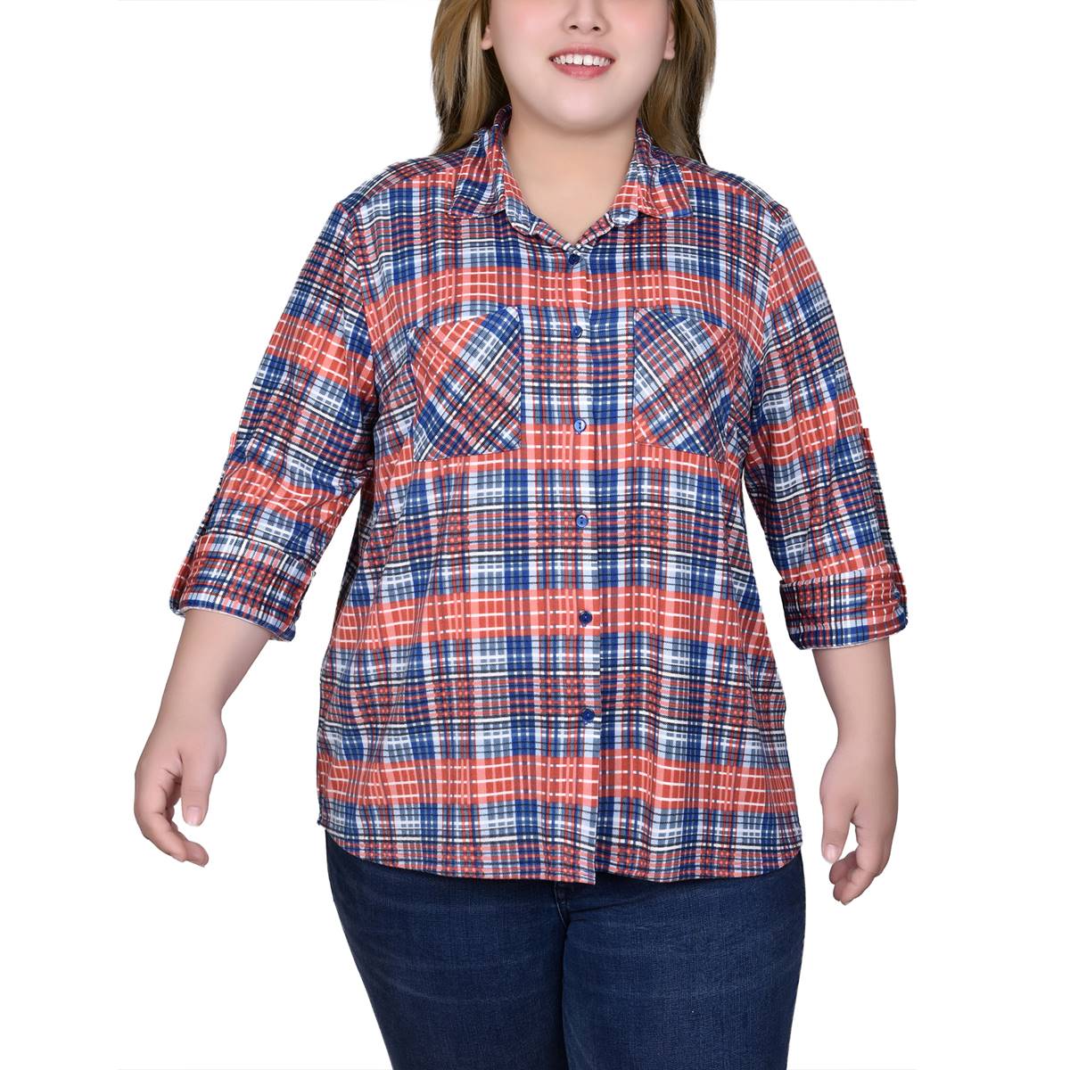 Plus Size NY Collection Plaid Pocket Casual Button Down