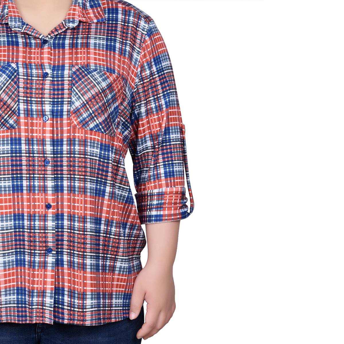 Plus Size NY Collection Plaid Pocket Casual Button Down