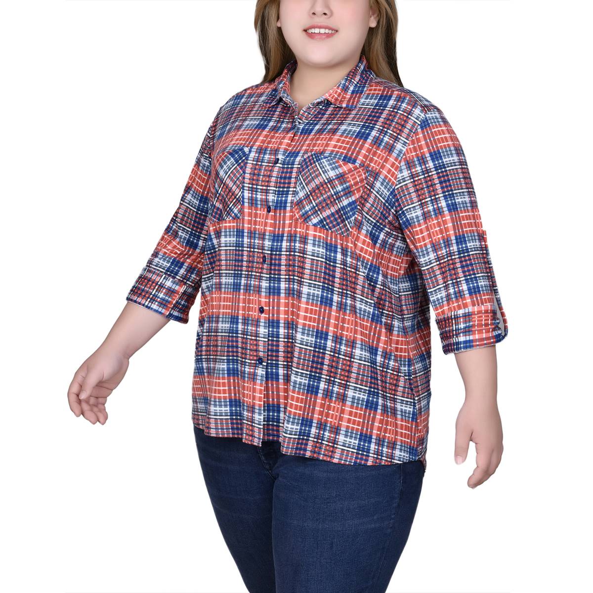 Plus Size NY Collection Plaid Pocket Casual Button Down