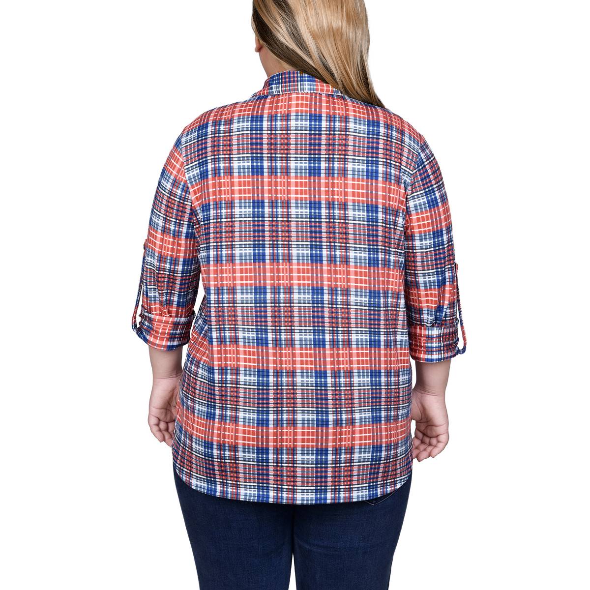 Plus Size NY Collection Plaid Pocket Casual Button Down