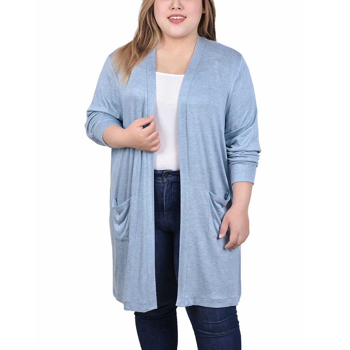 Plus Size NY Collection Long Sleeve Brushed Solid Long Cardigan