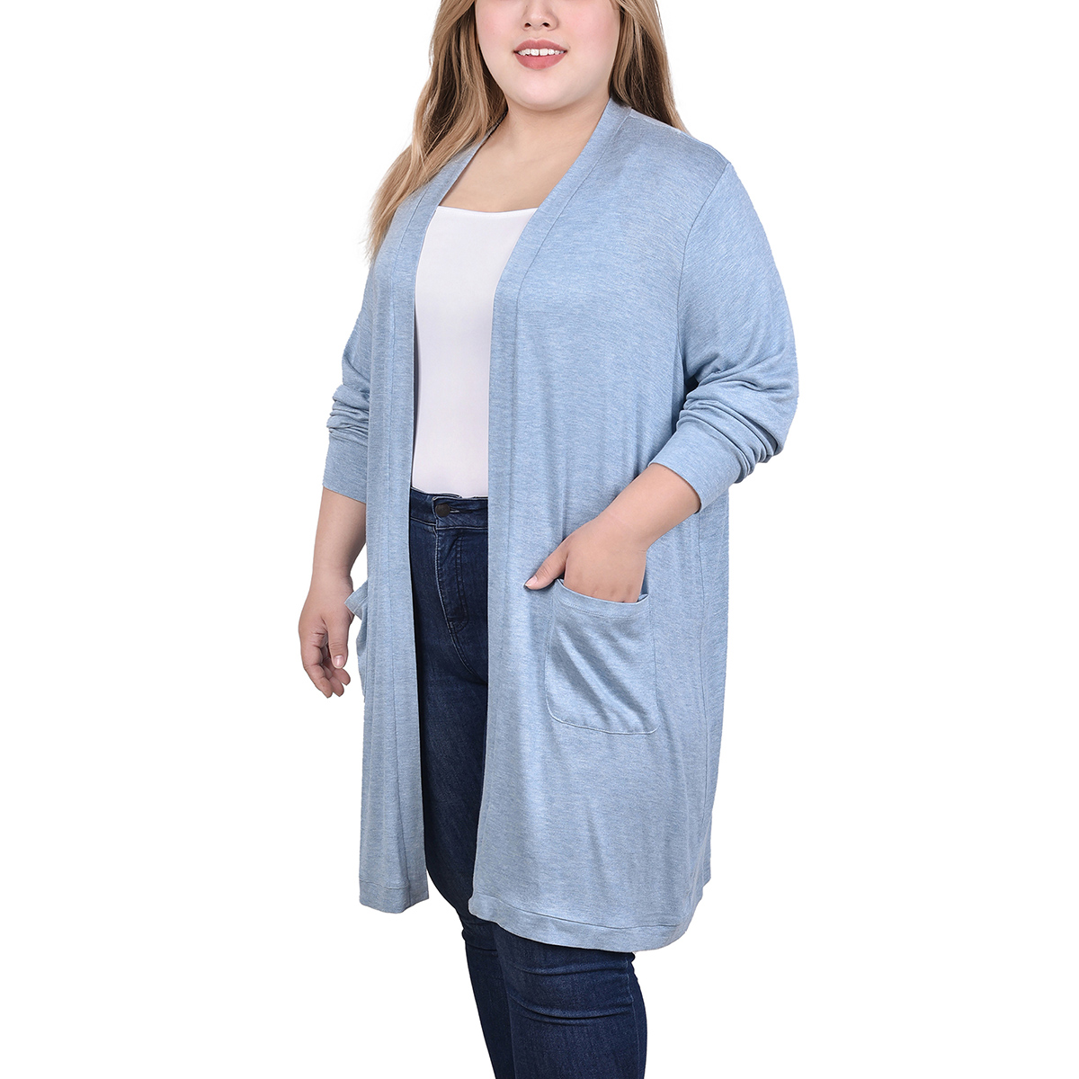 Plus Size NY Collection Long Sleeve Brushed Solid Long Cardigan